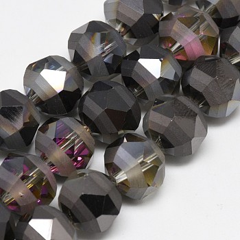 Electroplate Glass Beads Strands, Rainbow Plated, Frosted, Faceted, Round, Black, 11~12x11~12mm, Hole: 1.5mm, about 50pcs/strand, 22.83 inch