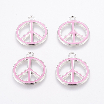 Alloy Enamel Pendants, Lead Free and Cadmium Free, Peace Sign, Platinum Metal Color, Pink, 29x24.5x2mm, Hole: 3mm