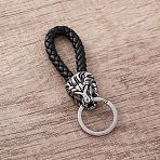 Braided PU Leather Keychains, Lion, with 304 Stainless Steel Split Key Rings, Stainless Steel Color, Black, 65mm(FR5253)