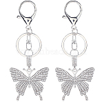 2Pcs Alloy Rhinestone Pendants Keychain, with Alloy Lobster Claw Clasps, Butterfly, for Keychain, Purse, Backpack Ornament, Platinum, 115mm(KEYC-SP0001-22)