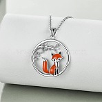 304 Stainless Steel Enamel Ring with Branch and Fox Pendant Necklaces for Women, Stainless Steel Color, Coral, 17.72 inch(45cm)(FS-WG1934E-01)