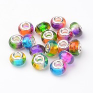 Resin European Beads, Large Hole Rondelle Beads, with Brass Cores, Silver Color Plated, Mixed Color, 14x9mm, Hole: 5mm(RPDL-H001-02)