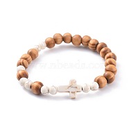 Stretch Bracelets, with Wood Beads and Synthetic Turquoise(Dyed) Beads, Cross, White, 2-1/8 inch(5.5cm)(BJEW-JB04620-04)