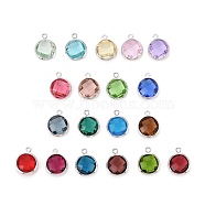 Glass Charms, with Platinum Plated Brass Findings, Long-Lasting Plated, Lead Free & Nickel Free & Cadmium Free, Faceted Flat Round, Mixed Color, 13.5x11x5mm, Hole: 1.4mm(KK-C228-02P)