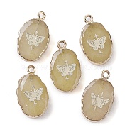 Natural White Jade Pendants, Dyed & Heated, Golden Plated Brass Oval Charms, Pale Goldenrod, Butterfly, 22~22.5x13~13.5x4.5mm, Hole: 1.6~1.8mm(G-C102-06C-G)