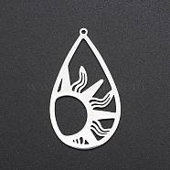 201 Stainless Steel Pendants, Laser Cut, Teardrop with Sun, Stainless Steel Color, 45x25.5x1mm, Hole: 1.4mm(STAS-S105-LA214)