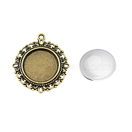 Pendant Making Sets, with Alloy Pendant Cabochon Settings and Glass Cabochons, Flat Round, Lead Free & Nickel Free, Antique Bronze, Tray: 20mm, 35x32x2mm, Hole: 2mm(DIY-X0288-64AB-FF)