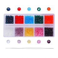 10 Strands 10 Color Glass Beads Strands, Imitation Quartz, Faceted Round, with 1Pc Iron Big Eye Beading Needles, Mixed Color, Glass Beads: 2mm, Hole: 0.5mm, 1 Strand/Color, ron Big Eye Beading Needles: 88x0.3mm(GLAA-CJ0001-16)