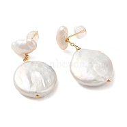 Sterling Silver Stud Earrings, with Natural Pearl, Jewely for Women, Flat Round, WhiteSmoke, 32x17mm(EJEW-K273-39G)
