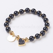 Natural Black Agate Beads Stretch Bracelets, with Electroplate Natural Druzy and Brass Findings, Heart and Flat Round, 2-1/8 inch(5.5cm), Charms: 12~13x12x1~7mm(BJEW-I261-01F)