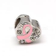 Platinum Plated Alloy Rhinestone European Beads, Large Hole Heart Beads with Enamel Breast Cancer Awareness Ribbon, Pink, 9.5x9.5x8.5mm, Hole: 4mm(MPDL-A023-B05)