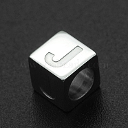201 Stainless Steel European Beads, Large Hole Beads, Horizontal Hole, Cube, Stainless Steel Color, Letter.J, 7x7x7mm, Hole: 5mm(STAS-N090-LA062-J)