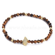 Stretch Bracelets, with Natural Tiger Eye Beads, Brass Round Beads, Brass Micro Pave Grade AAA Cubic Zirconia Beads and Elastic Crystal Thread, Conch Shell Shape, with Cardboard Box, 2-3/8 inch(6cm)(BJEW-JB04904-01)