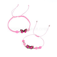 Adjustable Nylon Braided Bead Bracelets, Alloy Butterfly Link Bracelets for Women, Pink, Inner Diameter: 5/8 ~3-3/8 inch(1.5~8.5cm), 2pcs/set(BJEW-TA00479)