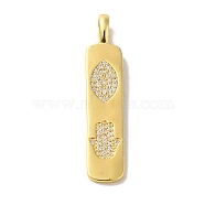 Brass Micro Pave Cubic Zirconia Pendants, Real 18K Gold Plated Rectangle with Eye Charms, Hamsa Hand, 41.5x8.5x5.5mm, Hole: 5.2x3.2mm(KK-Z042-15G-02)