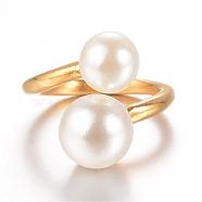 Ion Plating(IP) 304 Stainless Steel Finger Rings, with Imitation Pearl, Size 7, Golden, 17mm(STAS-G067-09G-17mm)