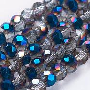 Electroplate Glass Faceted Rondelle Beads Strands, Half Plated, Blue, 3x2mm, Hole: 1mm, about 165~169pcs/strand, 15~16 inch(38~40cm)(EGLA-D020-3x2mm-22)