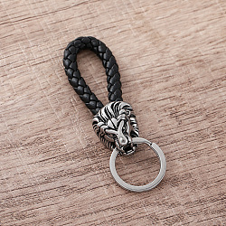 Braided PU Leather Keychains, Lion, with 304 Stainless Steel Split Key Rings, Stainless Steel Color, Black, 65mm(FR5253)