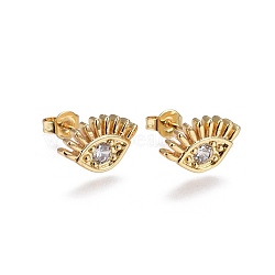 Brass Micro Pave Cubic Zirconia Stud Earrings, Evil Eye, Golden, Clear, 8.3x13.5x2.3mm, Pin: 0.7mm(EJEW-L224-01C)