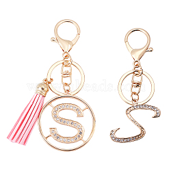 2Pcs 2 Style Alloy Rhinestone Keychain Sets, with Lobster Claw Clasps and PU Leather Tassel, Alphabet, Letter.S, 1pc/style, 98mm, S: 47x25x2mm(KEYC-WR0001-01S)