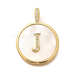 Rack Plating Brass Micro Pave Clear Cubic Zirconia Pendants with Shell, Letter Series Charms, Long-Lasting Plated, Lead Free & Cadmium Free, Letter J, 32x24x3.5mm, Hole: 6x3mm(KK-M309-42G-J)