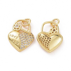 Brass Micro Pave Clear Cubic Zirconia Pendants, with Jump Rings, Heart Lock with Flower Key, Golden, 21.5x16x3mm, Hole: 4mm(ZIRC-F135-16G)