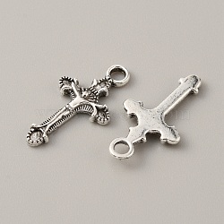 Tibetan Style Alloy Pendants, Cross Charm, Religion, Antique Silver, 22x11.5x2mm, Hole: 2mm(FIND-CJC0007-42F)