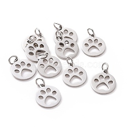 304 Stainless Steel Pendants, Flat Round with Dog Paw Prints, Stainless Steel Color, 14x12x1.1mm, Hole: 4mm(STAS-YW0002-28)