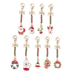 9Pcs 9 Styles Christmas Alloy Enamel Pendant Decoration, Seed Beads and Lobster Claw Clasps Charm for Bag Ornaments, Mixed Shapes, Mixed Color, 65~75mm, 1pc/style(HJEW-JM02326)