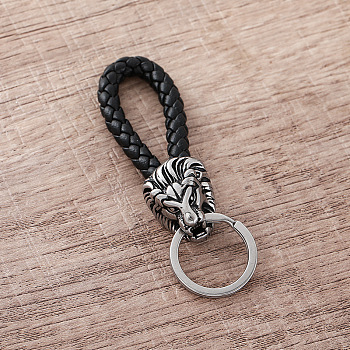 Braided PU Leather Keychains, Lion, with 304 Stainless Steel Split Key Rings, Stainless Steel Color, Black, 65mm