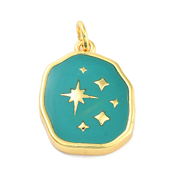 Real 18K Gold Plated Rack Plating Brass Enamel Pendants, with Jump Ring, Long-Lasting Plated, Lead Free & Cadmium Free, Irregular Flat Round with Star Charm, Dark Cyan, 19x14.5x3mm, Hole: 3mm