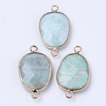 Natural Amazonite Links Connectors, with Light Gold Plated Edge Brass Loops, Oval, Faceted, 30.5~31.5x17.5x5~6mm, Hole: 2mm