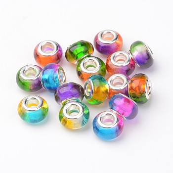 Resin European Beads, Large Hole Rondelle Beads, with Brass Cores, Silver Color Plated, Mixed Color, 14x9mm, Hole: 5mm