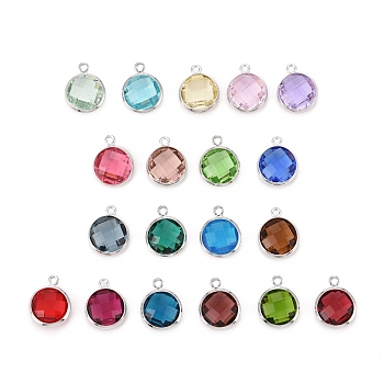 Glass Charms, with Platinum Plated Brass Findings, Long-Lasting Plated, Lead Free & Nickel Free & Cadmium Free, Faceted Flat Round, Mixed Color, 13.5x11x5mm, Hole: 1.4mm