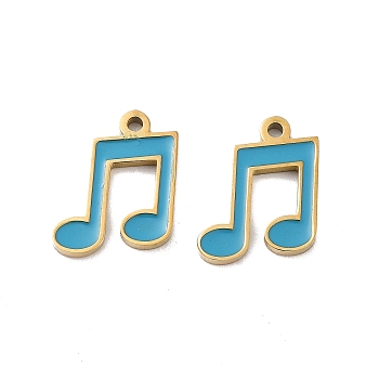 Ion Plating(IP) 316 Surgical Stainless Steel Charms, Nickel Free, with Enamel, Musical Note Charm, Real 18K Gold Plated, Deep Sky Blue, 12x10x1mm, Hole: 1mm