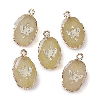 Natural White Jade Pendants, Dyed & Heated, Golden Plated Brass Oval Charms, Pale Goldenrod, Butterfly, 22~22.5x13~13.5x4.5mm, Hole: 1.6~1.8mm