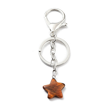 Natural Tiger Eye Keychain, with Platinum Plated Iron Split Key Rings, Star, 9.8cm