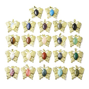 Natural & Synthetic Mixed Gemstone Pendants, Brass Butterfly Charms, Golden, Rack Plating, Cadmium Free & Lead Free, Mixed Dyed and Undyed, 41.5x45x8mm, Hole: 8x4.5mm