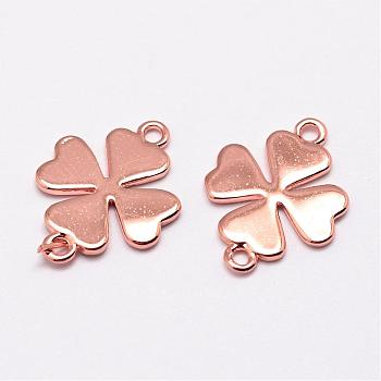 Brass Links connectors, Clover, Cadmium Free & Nickel Free & Lead Free, Real Rose Gold Plated, 16x12x1mm, Hole: 1.5mm