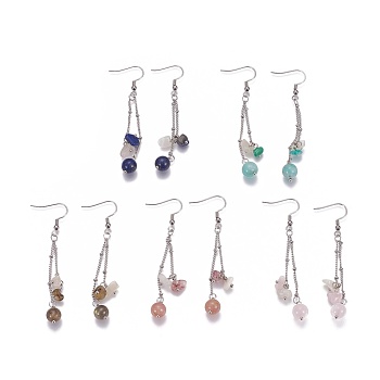 Natural Mixed Gemstone Dangle Earrings, with Stainless Steel Jump Rings and Brass Earring Hooks, 72~73mm