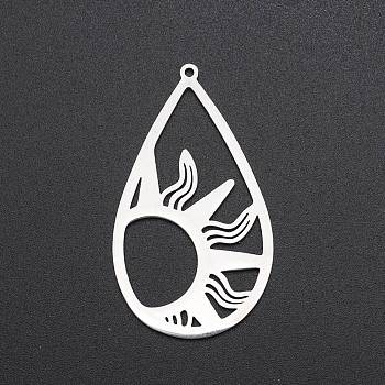 201 Stainless Steel Pendants, Laser Cut, Teardrop with Sun, Stainless Steel Color, 45x25.5x1mm, Hole: 1.4mm