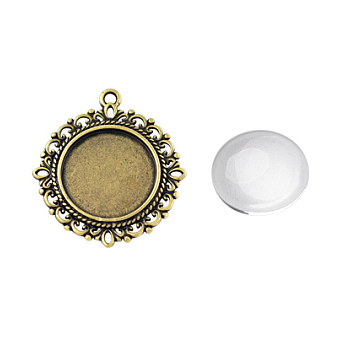 Pendant Making Sets, with Alloy Pendant Cabochon Settings and Glass Cabochons, Flat Round, Lead Free & Nickel Free, Antique Bronze, Tray: 20mm, 35x32x2mm, Hole: 2mm