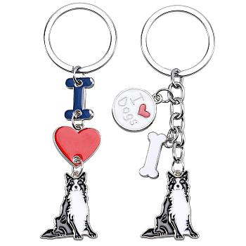 WEWAYSMILE 2 pcs Dog Keychain Car Keychain Pet Pendant Key-Ring Lovely Dog Key-ring Portable Metal Keychain Gift for Pet Lover Birthday Puppy Theme Party Supplies (Border Collie), Platinum, 9.45x2.3cm