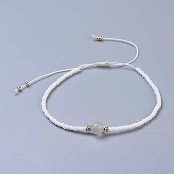 Nylon Thread Braided Beads Bracelets, with Seed Beads and Natural White Moonstone, 1-3/4 inch~3-1/8 inch(4.5~8cm)