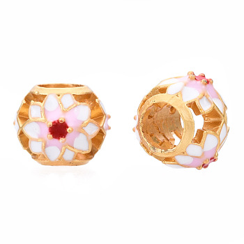 Alloy Enamel European Beads, Large Hole Beads, Matte Style, Cadmium Free & Lead Free, Rondelle with Flower, Pearl Pink, 10.5x8.5mm, Hole: 4mm