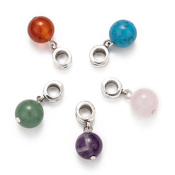 Large Hole Alloy European Dangle Charms, with Round Gemstone Pendants, Mixed Stone, 23mm, Hole: 5mm