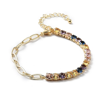 Brass Micro Pave Cubic Zirconia Strass & Paperclip Chain Bracelets, with 304 Stainless Steel Clasp, Colorful, 6-1/4x1/8 inch(15.9x0.4cm)