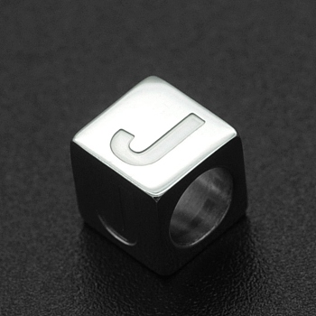 201 Stainless Steel European Beads, Large Hole Beads, Horizontal Hole, Cube, Stainless Steel Color, Letter.J, 7x7x7mm, Hole: 5mm