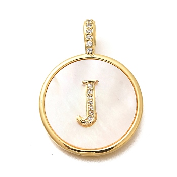 Rack Plating Brass Micro Pave Clear Cubic Zirconia Pendants with Shell, Letter Series Charms, Long-Lasting Plated, Lead Free & Cadmium Free, Letter J, 32x24x3.5mm, Hole: 6x3mm