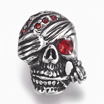 304 Stainless Steel Beads, with Cubic Zirconia, Large Hole Beads, Skull, Red, Antique Silver, 21x15x12mm, Hole: 6mm
